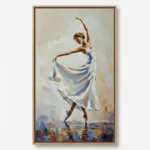 Gestural figurative painting of a ballet dancer in flowing white fabric with colorful brushstroke accents, soft neutral palette with blue and ochre tones