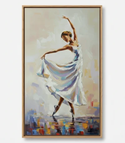 Gestural figurative painting of a ballet dancer in flowing white fabric with colorful brushstroke accents, soft neutral palette with blue and ochre tones