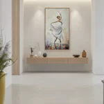Figurative hand-painted canvas of an expressive dancer in flowing white fabric, warm neutral tones with colorful accents, contemporary minimalist space