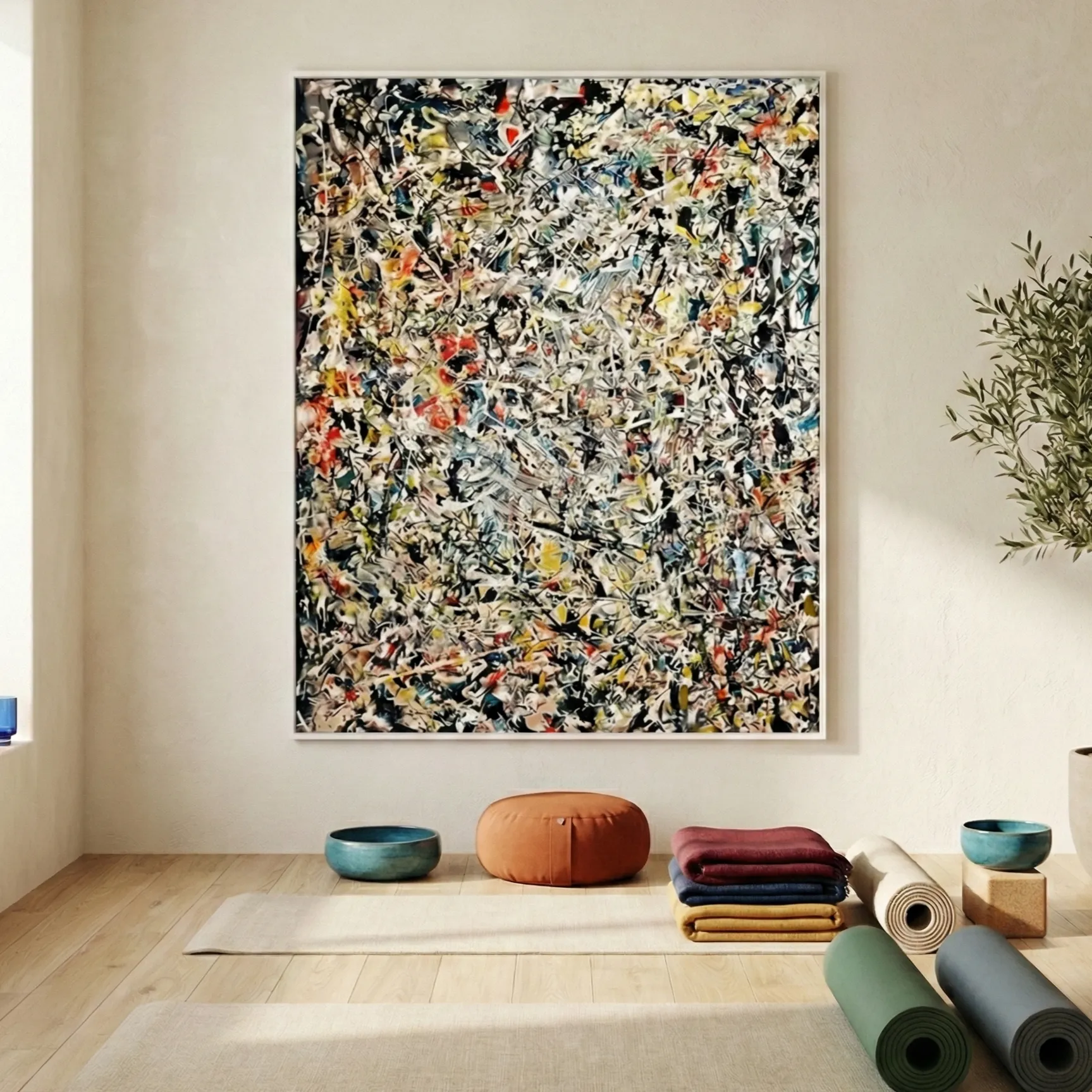 Dynamic Chaos High energy abstract splatter painting pollock wall art (1) Gestural abstract expressionist hand-painted canvas in black, cream, and vibrant accents with dynamic layered brushstrokes, yoga studio setting