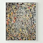 Gestural abstract expressionist hand-painted canvas with energetic black lines and vibrant accent colors throughout cream background