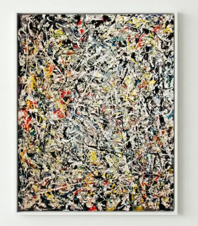 Gestural abstract expressionist hand-painted canvas with energetic black lines and vibrant accent colors throughout cream background