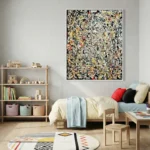 Abstract expressionist hand-painted canvas layered with dynamic black, yellow, and red gestural marks, children's bedroom