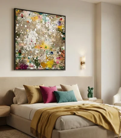 Gestural abstract hand-painted canvas with layered paint splatters in jewel tones, golds, and whites on textured neutral ground, modern bedroom setting