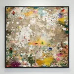 Abstract expressionist hand-painted canvas with layered paint splatters and gestural marks in vibrant multicolored palette on neutral ground