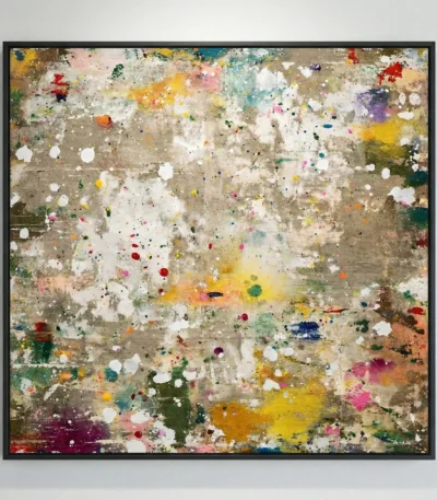 Abstract expressionist hand-painted canvas with layered paint splatters and gestural marks in vibrant multicolored palette on neutral ground
