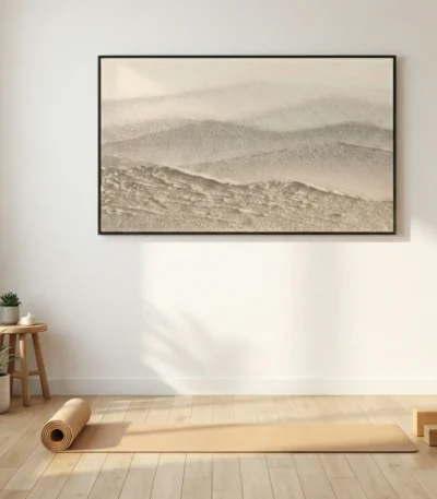 Minimalist landscape hand-painted canvas in soft sepia and grey tones depicting layered mountains, yoga studio setting