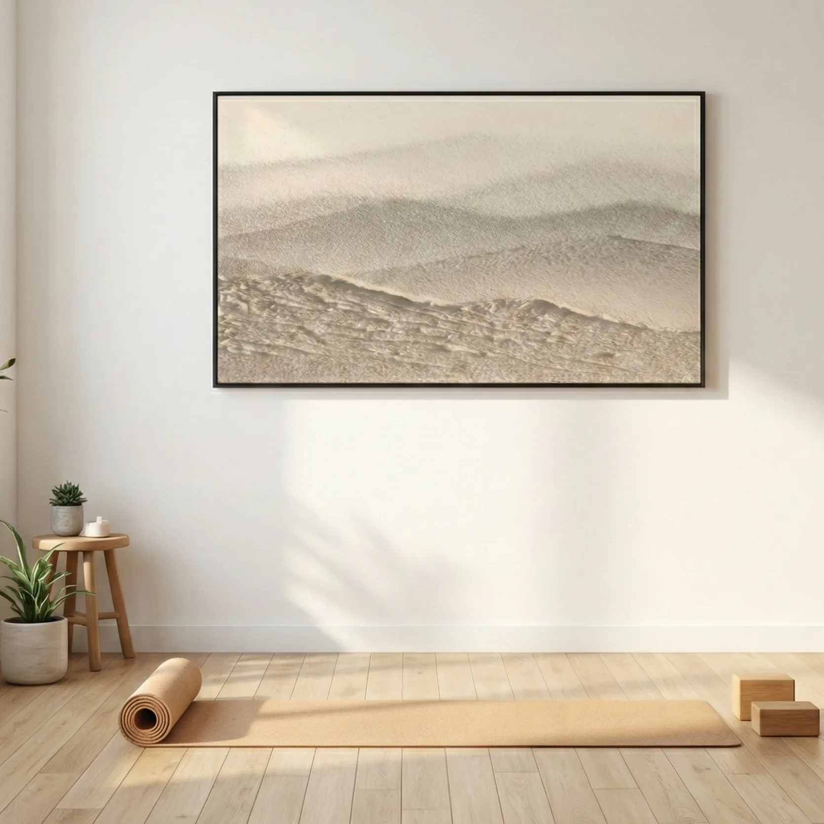 Earthen Waves – Textured Wall Decor - Wabi Sabi art (1.5) Minimalist landscape hand-painted canvas in soft sepia and grey tones depicting layered mountains, yoga studio setting