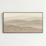 Minimalist landscape hand-painted canvas depicting layered sand dunes in soft beige and taupe tones, contemporary living space