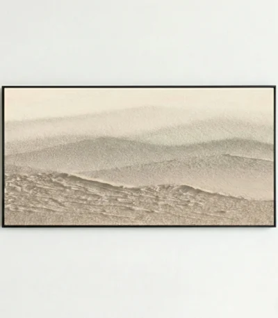 Minimalist landscape hand-painted canvas depicting layered sand dunes in soft beige and taupe tones, contemporary living space