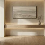 Minimalist landscape hand-painted canvas in muted taupe and cream tones, contemporary living space