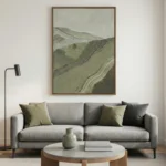 Textured landscape hand-painted canvas depicting rolling hills and mountains in muted sage and charcoal tones, contemporary living space