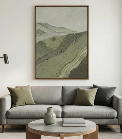 Textured landscape hand-painted canvas depicting rolling hills and mountains in muted sage and charcoal tones, contemporary living space