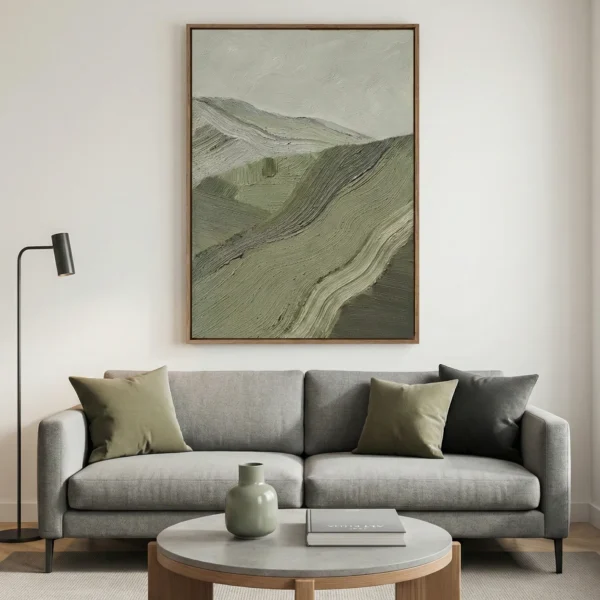 Textured landscape hand-painted canvas depicting rolling hills and mountains in muted sage and charcoal tones, contemporary living space