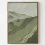 Textured landscape hand-painted canvas depicting rolling hills and distant mountains in muted sage and charcoal tones