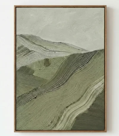 Textured landscape hand-painted canvas depicting rolling hills and distant mountains in muted sage and charcoal tones