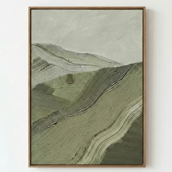 Textured landscape hand-painted canvas depicting rolling hills and distant mountains in muted sage and charcoal tones