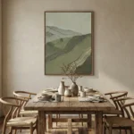 Minimalist landscape hand-painted canvas depicting rolling hills in muted greens and grays, dining space