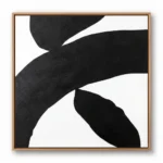 Minimalist monochrome hand-painted canvas with organic curved shapes in black and white, contemporary living space