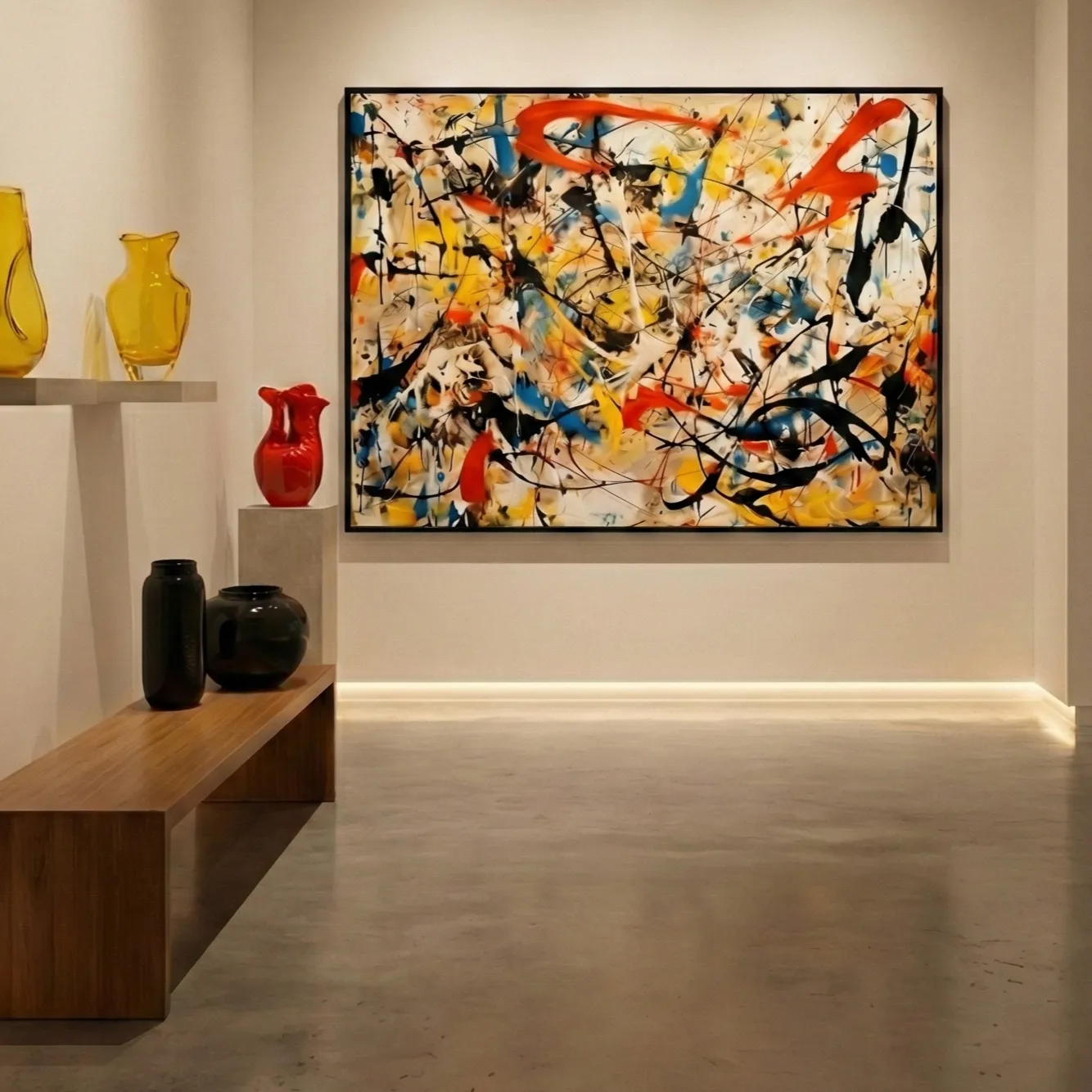 Electric Arc Dynamic frenetic action painting pollock wall art (1) Abstract expressionist hand-painted canvas with dynamic gestural brushstrokes in red, yellow, black, and blue, contemporary gallery space