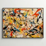 Abstract expressionist hand-painted canvas with gestural black lines, vibrant red and yellow splashes, blue accents on cream background