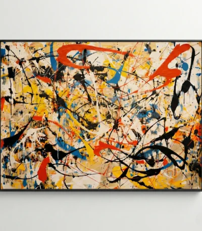 Abstract expressionist hand-painted canvas with gestural black lines, vibrant red and yellow splashes, blue accents on cream background