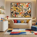 Abstract expressionist hand-painted canvas with dynamic gestural brushstrokes in red, blue, yellow, and black, styled in a contemporary children's room