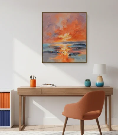 Impressionist seascape hand-painted canvas depicting vibrant orange sunset reflection on water, warm and cool tones, contemporary workspace