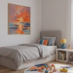 Impressionist hand-painted canvas depicting a dramatic sunset over water in vibrant orange, gold, and deep blue tones, modern bedroom