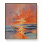 Gestural abstract hand-painted canvas depicting a dramatic sunset over water in vibrant oranges, golds, and soft blues