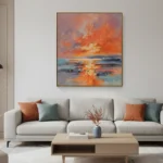 Gestural abstract landscape painting with dramatic orange and gold sunset reflection on water in rich warm tones, contemporary living space