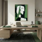 Minimalist hand-painted canvas depicting an abstract white profile against layered green and black tones, contemporary office setting