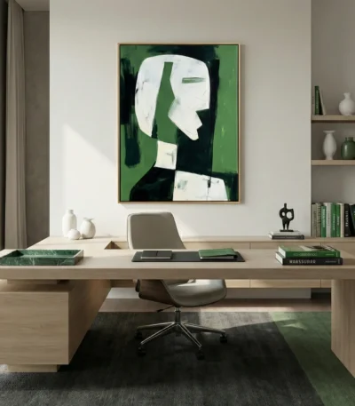 Minimalist hand-painted canvas depicting an abstract white profile against layered green and black tones, contemporary office setting