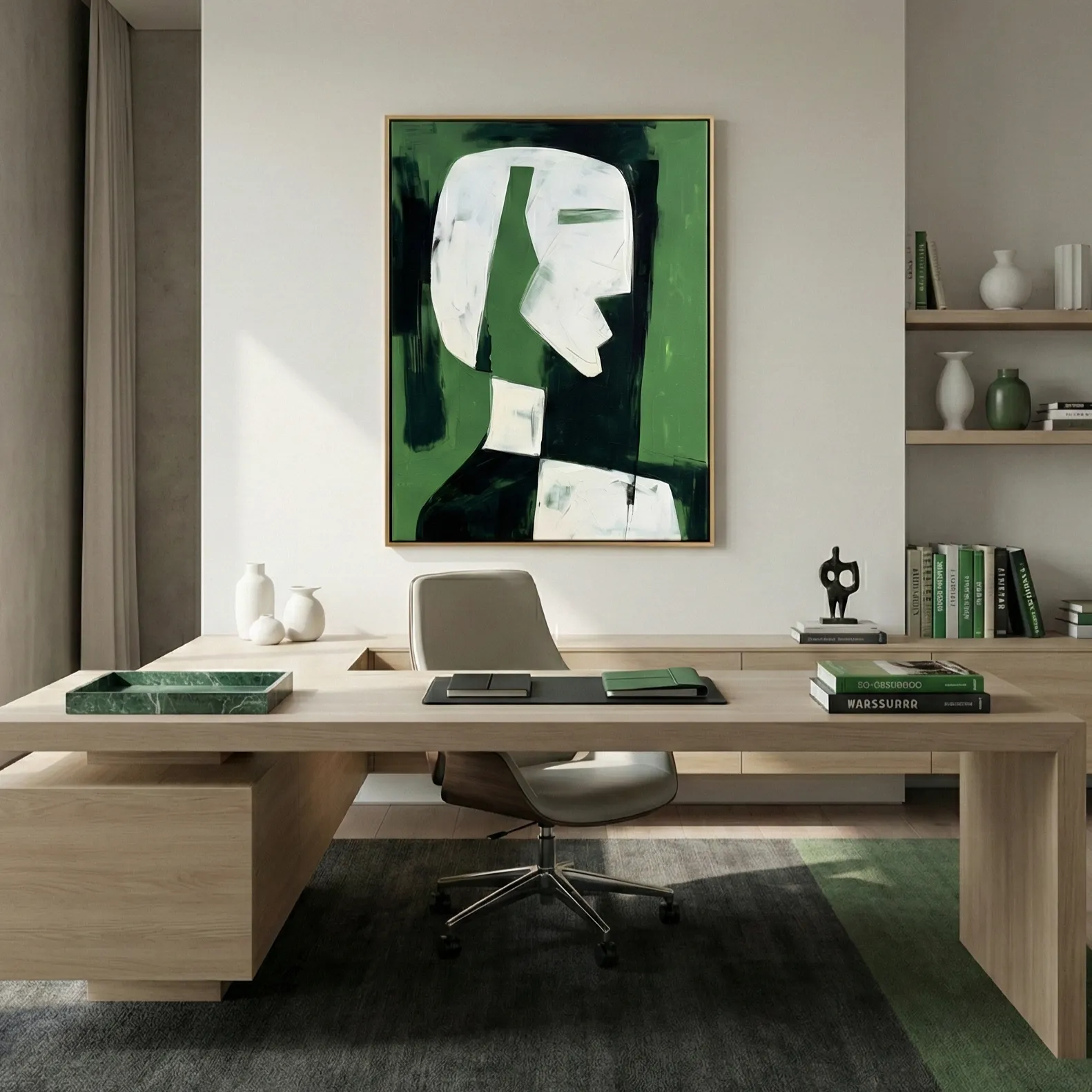 Emerald Abstract Figure Green, white, black geometric head abstract wall art (1.5) Minimalist hand-painted canvas depicting an abstract white profile against layered green and black tones, contemporary office setting