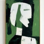 Minimalist hand-painted canvas depicting an abstract profile head in white and cream against layered green and black brushstrokes, contemporary gallery wall