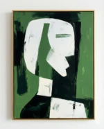 Minimalist hand-painted canvas depicting an abstract profile head in white and cream against layered green and black brushstrokes, contemporary gallery wall