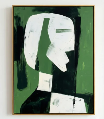 Minimalist hand-painted canvas depicting an abstract profile head in white and cream against layered green and black brushstrokes, contemporary gallery wall