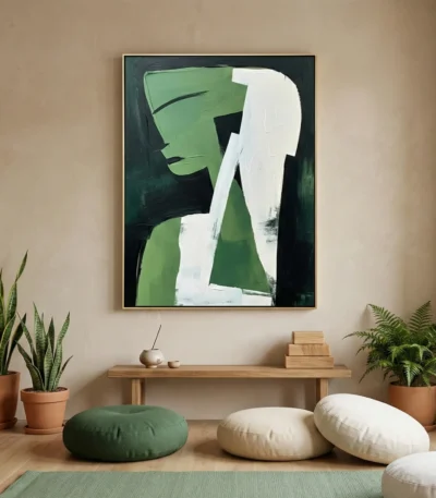 Gestural abstract hand-painted canvas in layered green and white with dark undertones, styled in contemporary living space