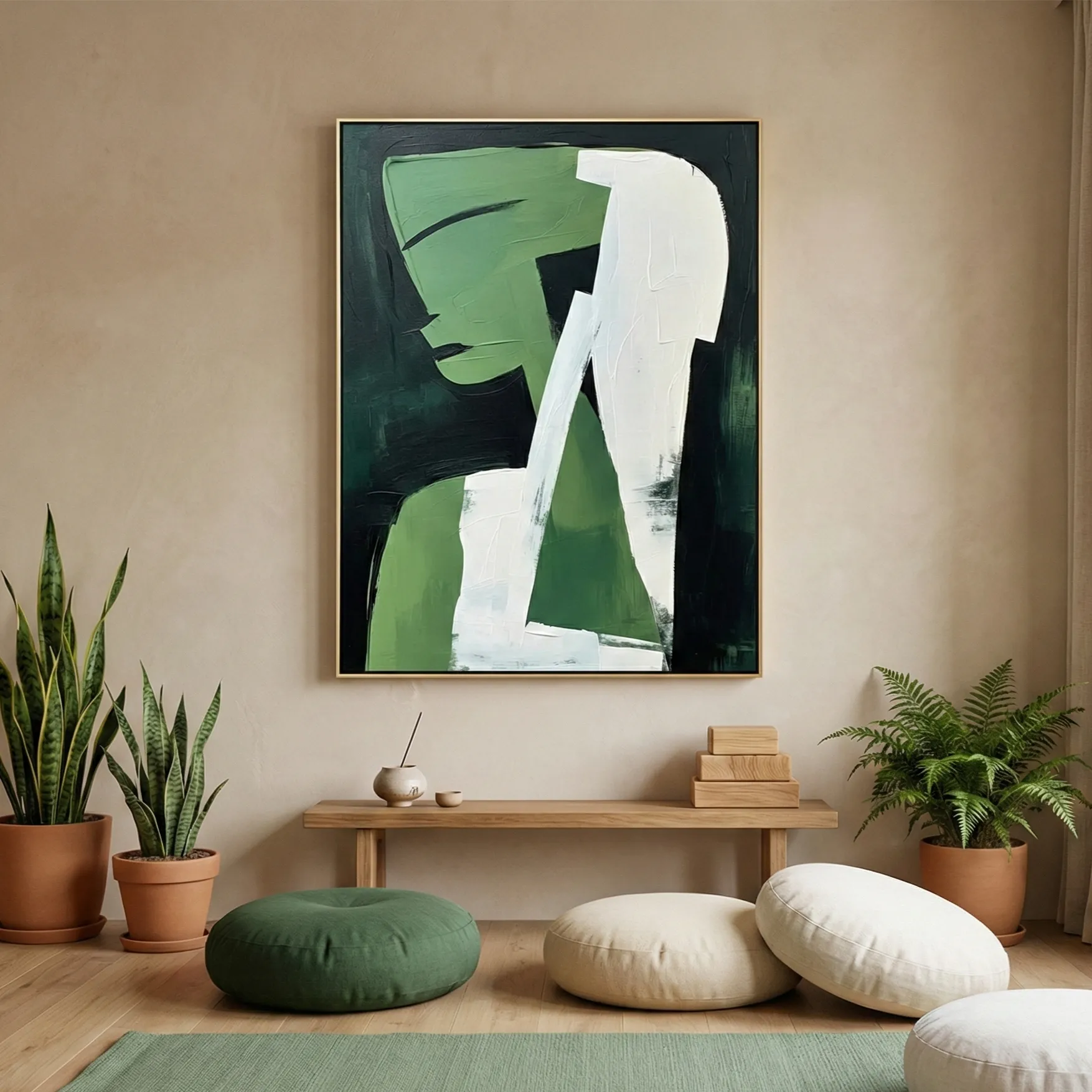 Emerald Abstract Portrait Geometric Green and White Figure abstract art (1.5) Gestural abstract hand-painted canvas in layered green and white with dark undertones, styled in contemporary living space