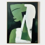 Abstract hand-painted canvas with gestural green and cream forms against dark background, contemporary wall art