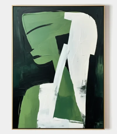 Abstract hand-painted canvas with gestural green and cream forms against dark background, contemporary wall art