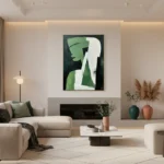 Contemporary abstract hand-painted canvas featuring layered green and white geometric figures against dark background, modern living room