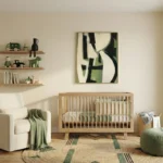 Contemporary abstract hand-painted canvas with bold black and sage green geometric forms, nursery setting