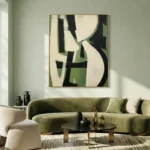 Gestural abstract hand-painted canvas in cream, black and sage green geometric forms, contemporary living space
