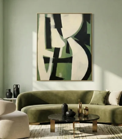 Gestural abstract hand-painted canvas in cream, black and sage green geometric forms, contemporary living space