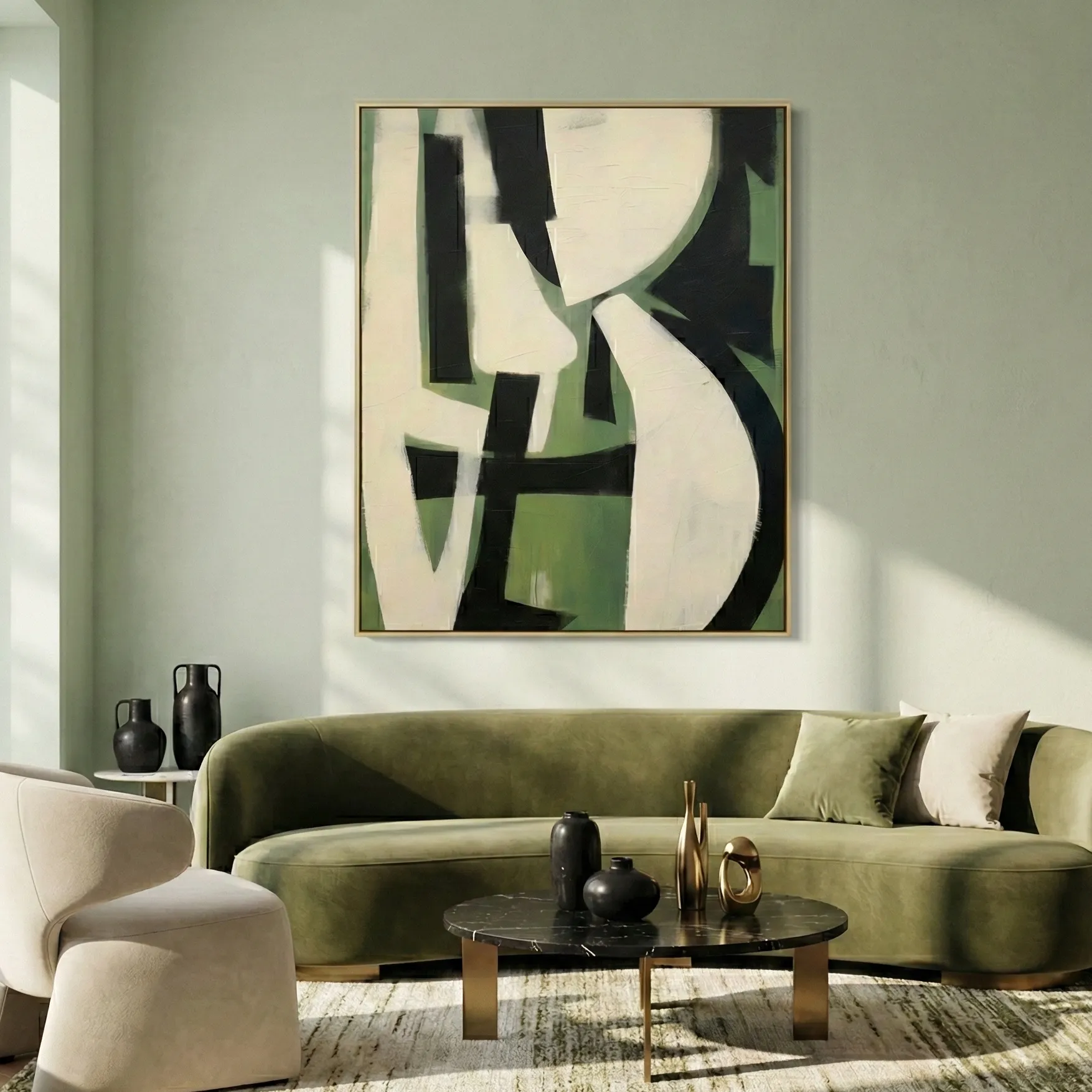 Emerald Balance Expressive textured brushstrokes with fluid geometry textured wall art (1.5) Gestural abstract hand-painted canvas in cream, black and sage green geometric forms, contemporary living space