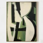 Abstract hand-painted canvas with geometric forms in cream, black and sage green tones