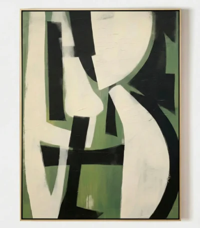 Abstract hand-painted canvas with geometric forms in cream, black and sage green tones