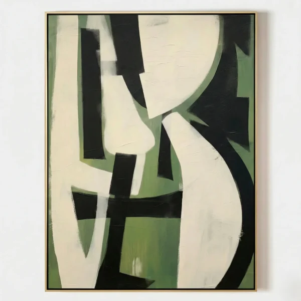 Abstract hand-painted canvas with geometric forms in cream, black and sage green tones