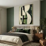 Gestural abstract hand-painted canvas in green, black, cream and white geometric forms, modern bedroom setting